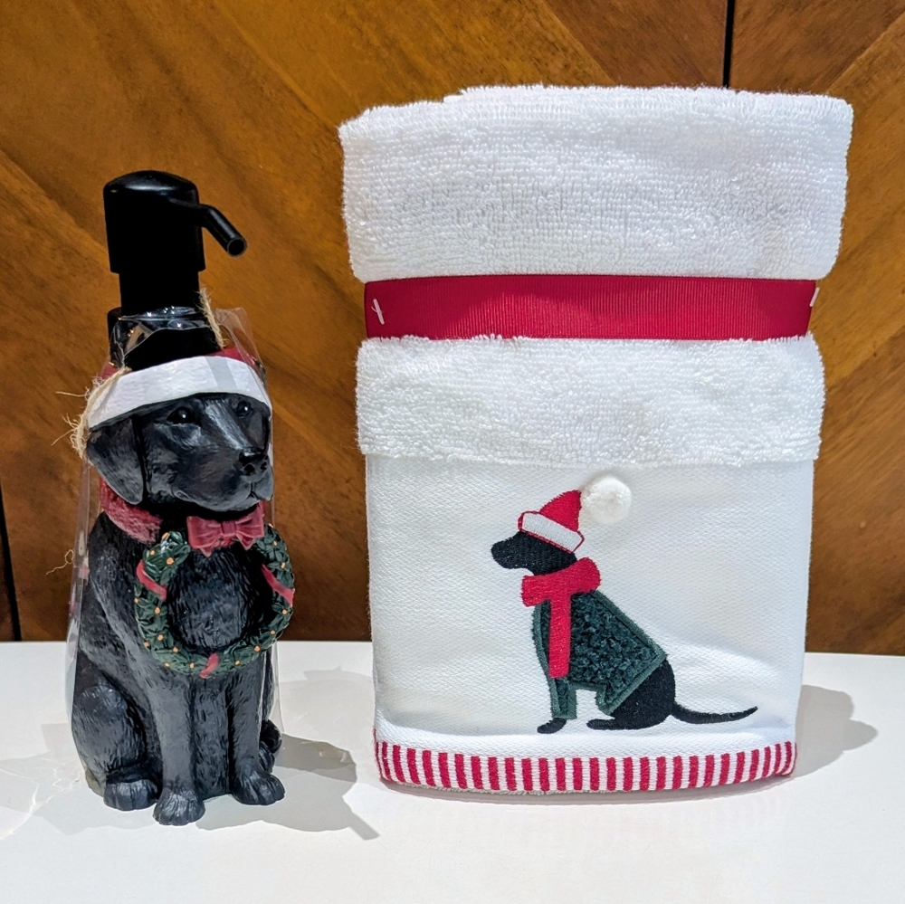 New Black Labrador Dog Christmas Soap Dispensers + 2 Hand Towels